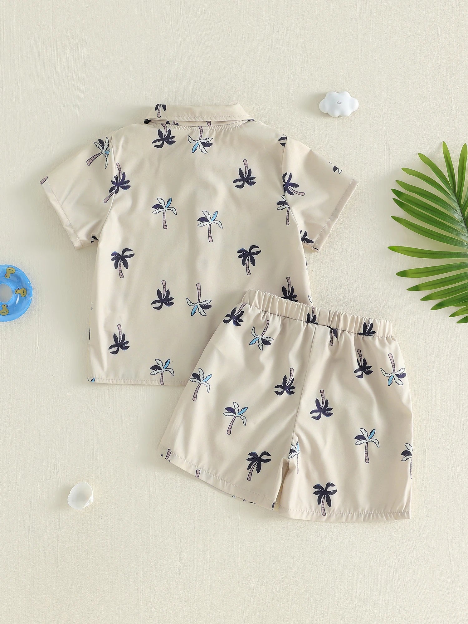 2Pcs Baby Boy Summer Clothes Short Sleeve Lapel Neck Coconut Tree Print Button Down Shirts and Elastic Waist Shorts Set for