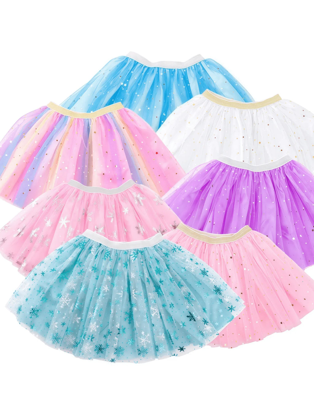 Girls Tulle Tutu Skirt with Star & Snowflake Print, 3-6 Years, Multi-Color Party Skirt
