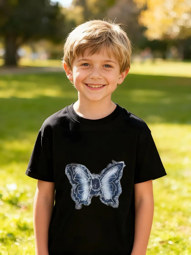 Children's Cotton T-Shirt Vintage Style Butterfly with Distressed Wing Details and Stitch Texture for Boys Girls Nature Inspired