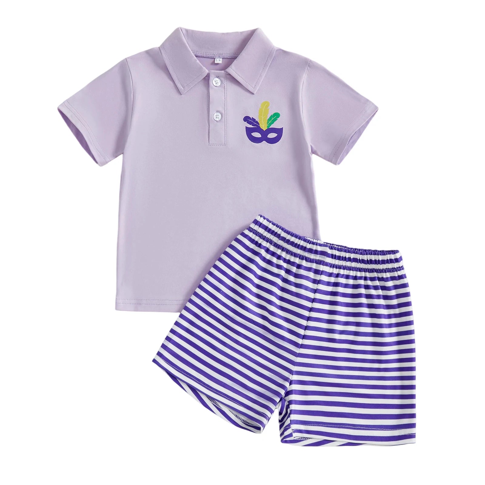Boys Carnival Costume Set with Colorful Clown Hat Embroidery and Striped Shorts - 2 Piece Outfit for Mardi Gras