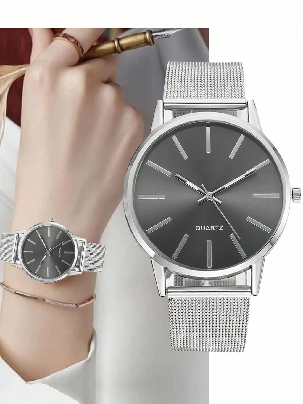 Minimalist Silver Mesh Band Quartz Watch with Gray Dial for Women