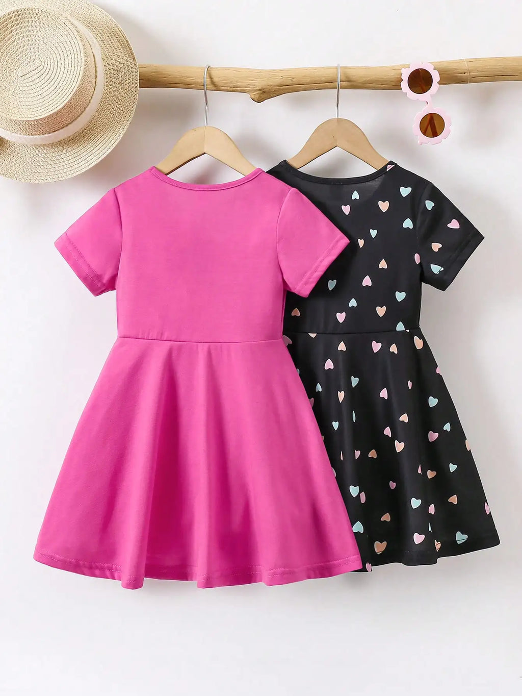 2-Pack Girls Short Sleeve A-Line Dresses with Rainbow & Heart Prints for Summer Casual Wear