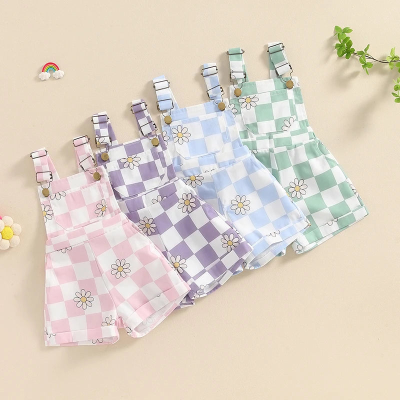 Toddler Baby Girl Overalls Short Checkerboard Floral Print Summer Sleeveless Romper Jumpsuit Girls Clothes