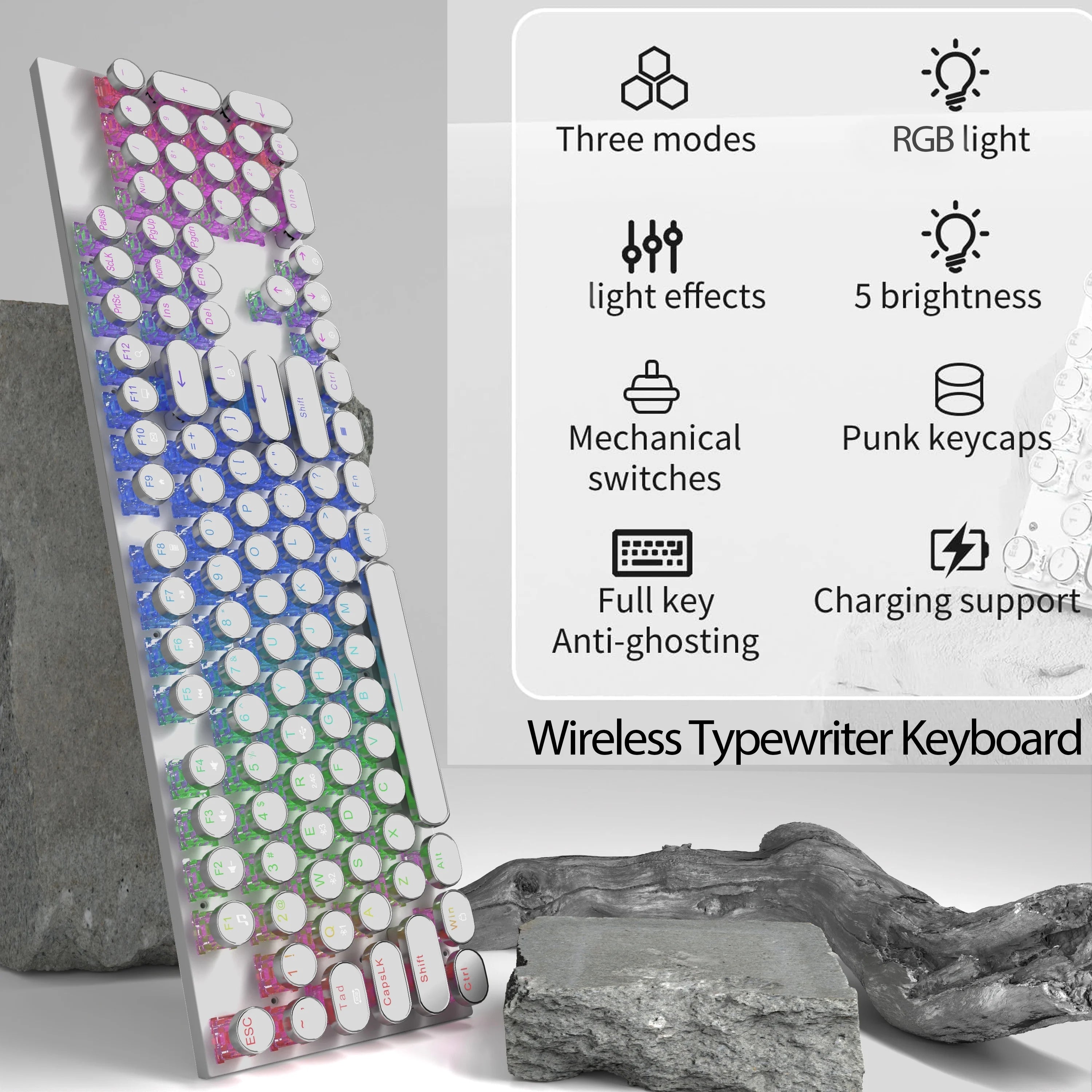 Wireless Punk Typewriter Mechanical Keyboard Round Keycaps And RGB 104-Key Game Office Triple Mode Wireless 5.0/2.4G/Wired E