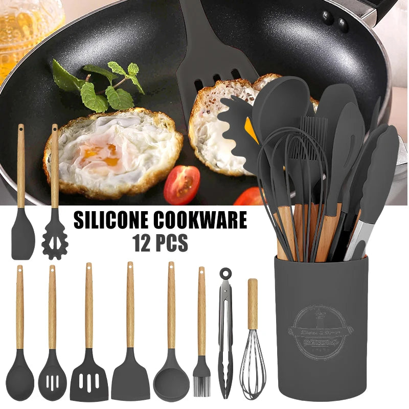 12pcs Silicone Kitchenware Cooking Utensils Set Non Stick Cookware with Storage Bucket