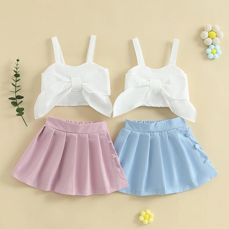Kids 2Pcs Baby Girl Summer Outfits Sleeveless Bow Tank Tops + Shorts Skirt Set Toddler Clothes 1-5T