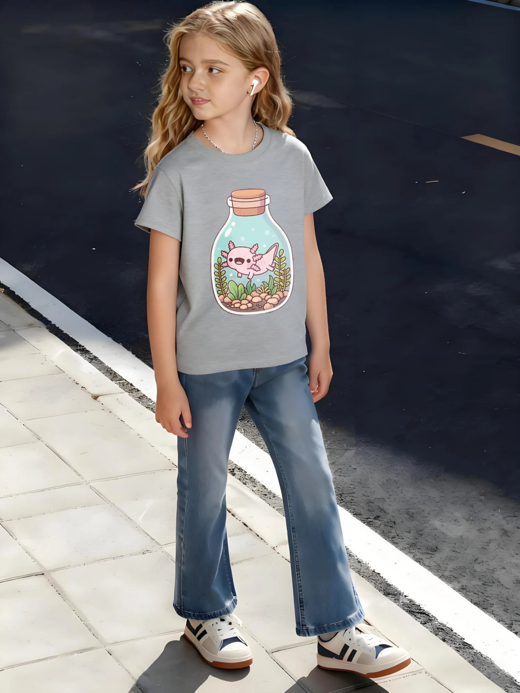Children's Kids Cotton T-Shirt Glass Bottle with Pebbles and Aquatic Plants for Boys Girls Unique Pet Theme