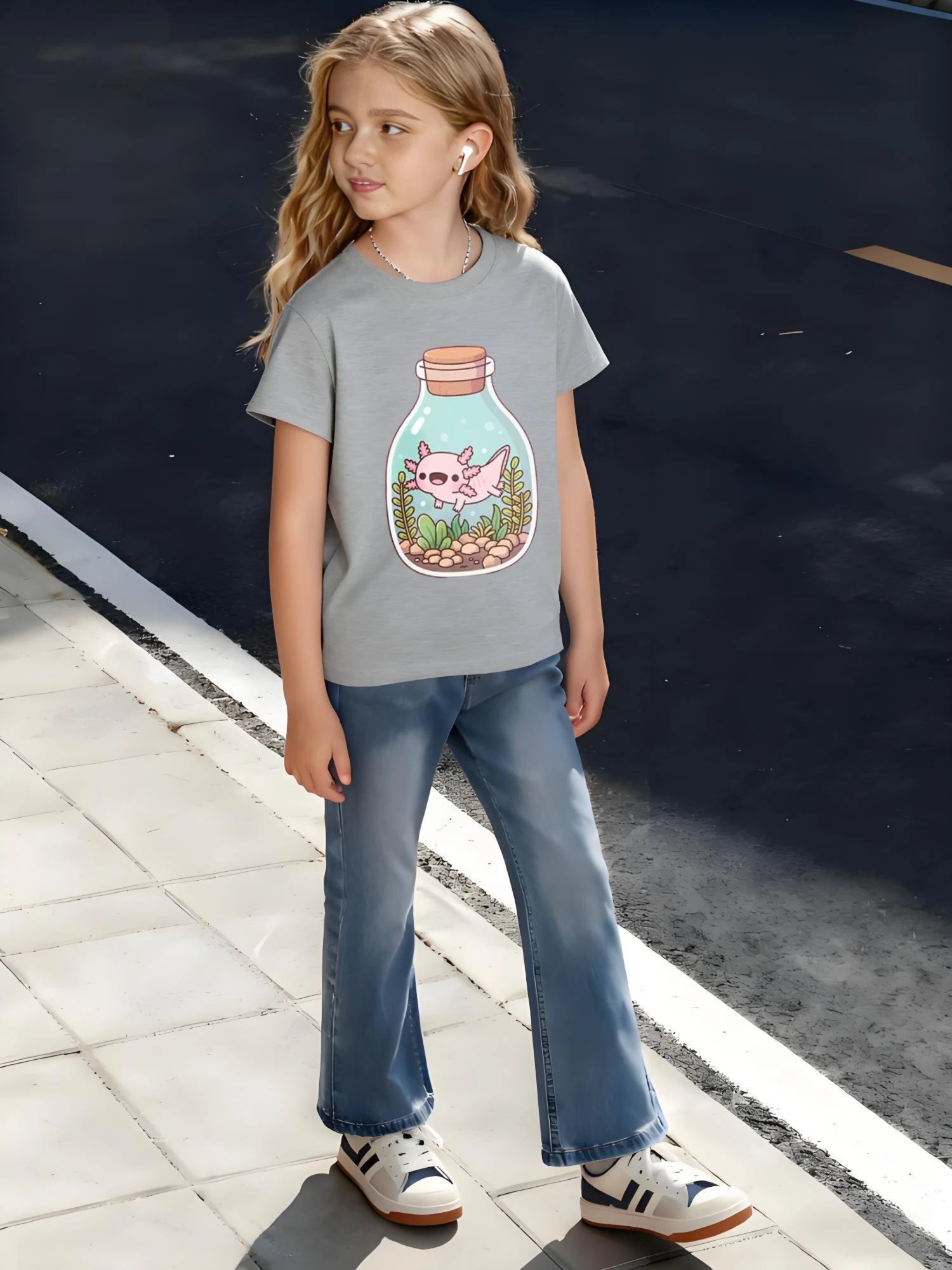 Children's Kids Cotton T-Shirt Glass Bottle with Pebbles and Aquatic Plants for Boys Girls Unique Pet Theme