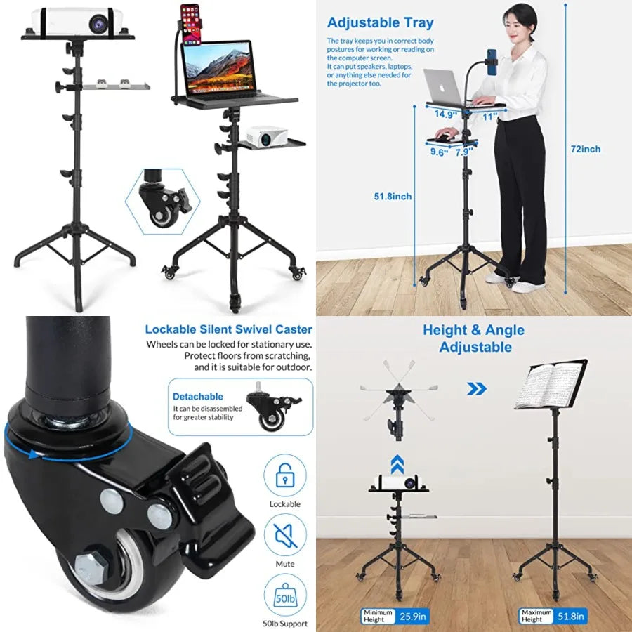 Laptop Tripod on Wheels with 2 Shelves, Portable Projector Floor Stand Adjustable Height 25.9 to 51.8 Inch with Phone Holder