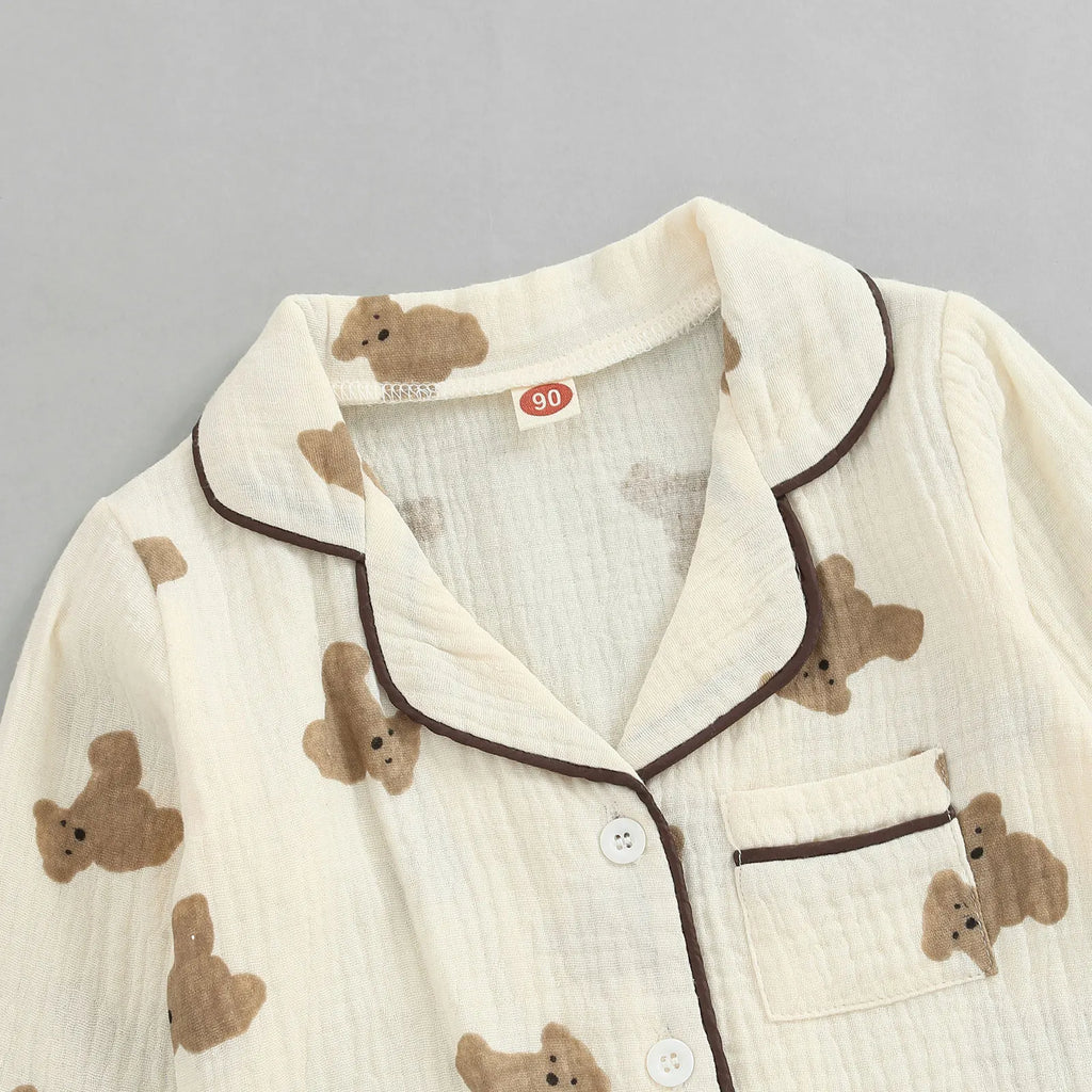 0-6Years Kids Unisex Casual Pajama Suit Bear Printed Long Sleeve Front Pocket Lapel Tops Printed Long Pant