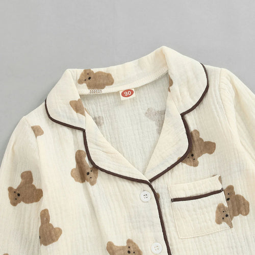 0-6Years Kids Unisex Casual Pajama Suit Bear Printed Long Sleeve Front Pocket Lapel Tops Printed Long Pant