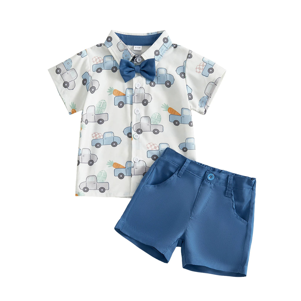 Baby Boys Easter Outfit Adorable Bunny Print Romper with Matching Bowtie and Suspender Shorts