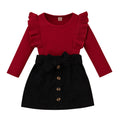 Spring Kids Girls Outfit Solid Color Lace Long Sleeve Tops + Button Short Skirt Belt Autumn Clothes Set