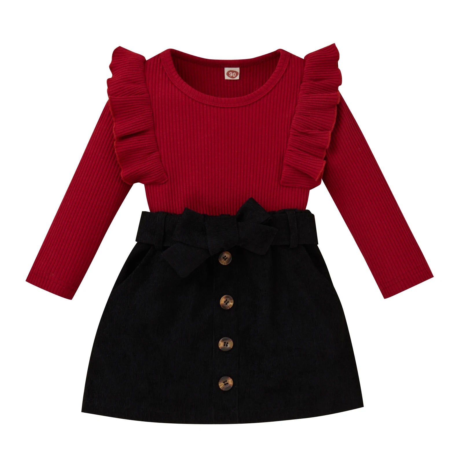 Spring Kids Girls Outfit Solid Color Lace Long Sleeve Tops + Button Short Skirt Belt Autumn Clothes Set