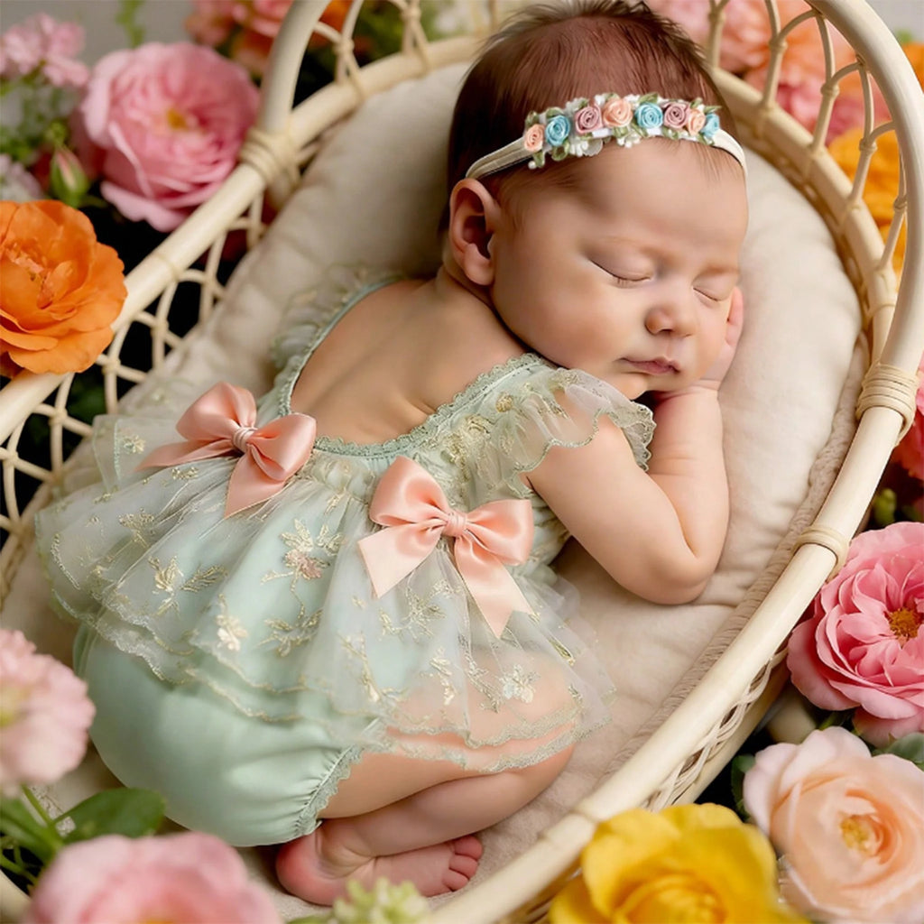 Infant Baby Girl Lace Romper NewbornTulle Dress Flowers Bodysuit Summer Festival Clothes with Headband Photography Outfit-HD