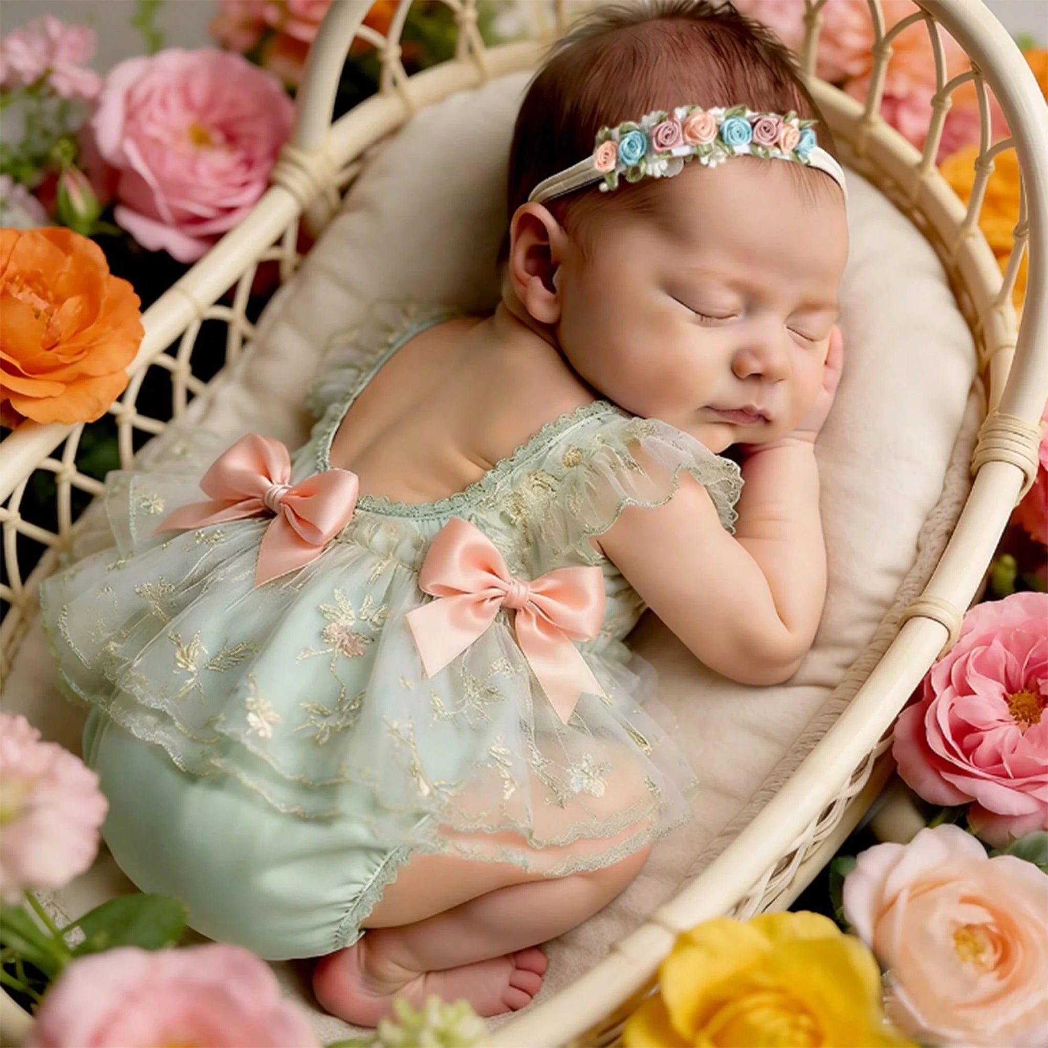 Infant Baby Girl Lace Romper NewbornTulle Dress Flowers Bodysuit Summer Festival Clothes with Headband Photography Outfit-HD