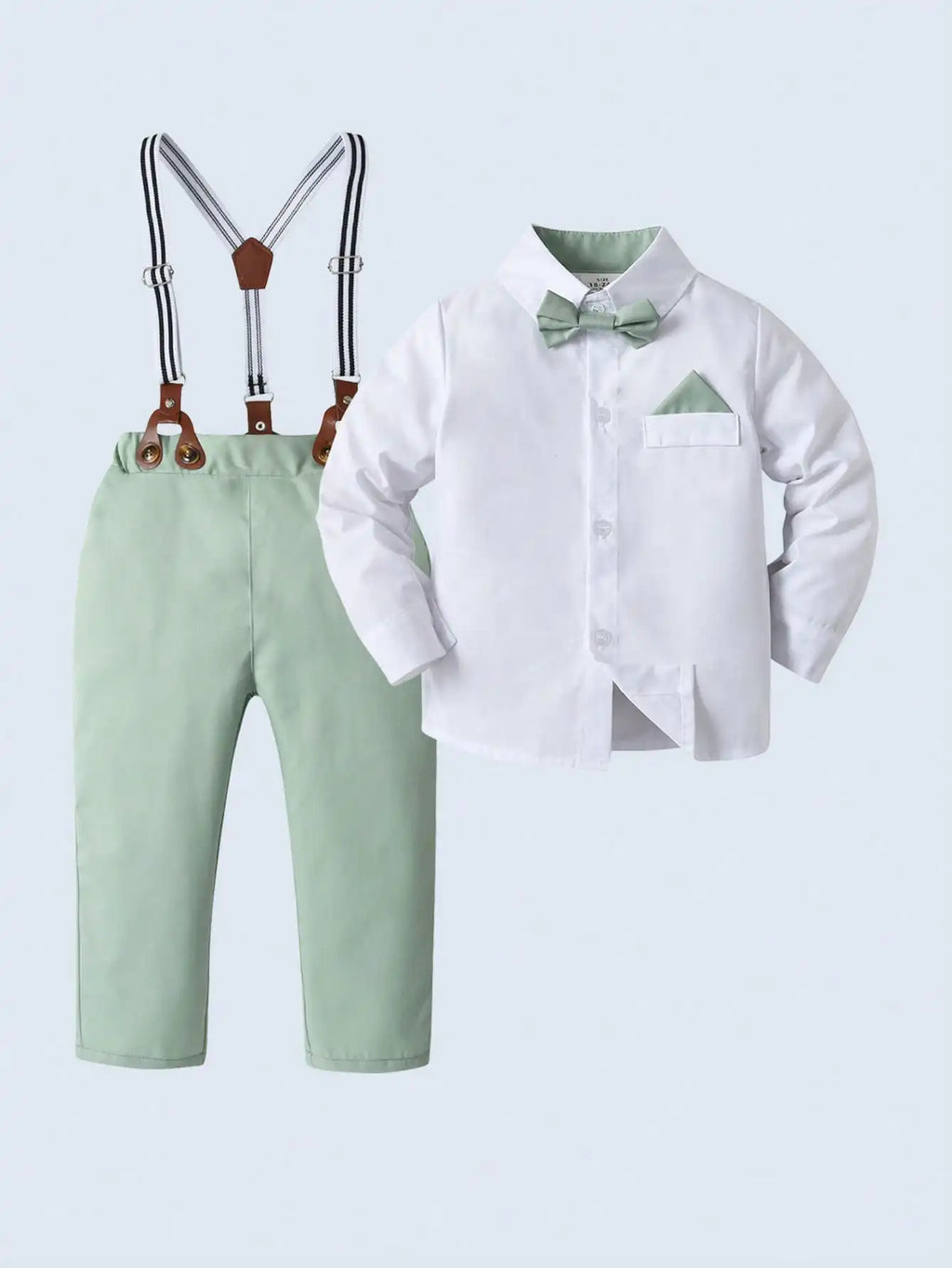2-Piece Formal Outfit for Boys: White Long Sleeve Shirt with Mint Bowtie & Suspender Pants