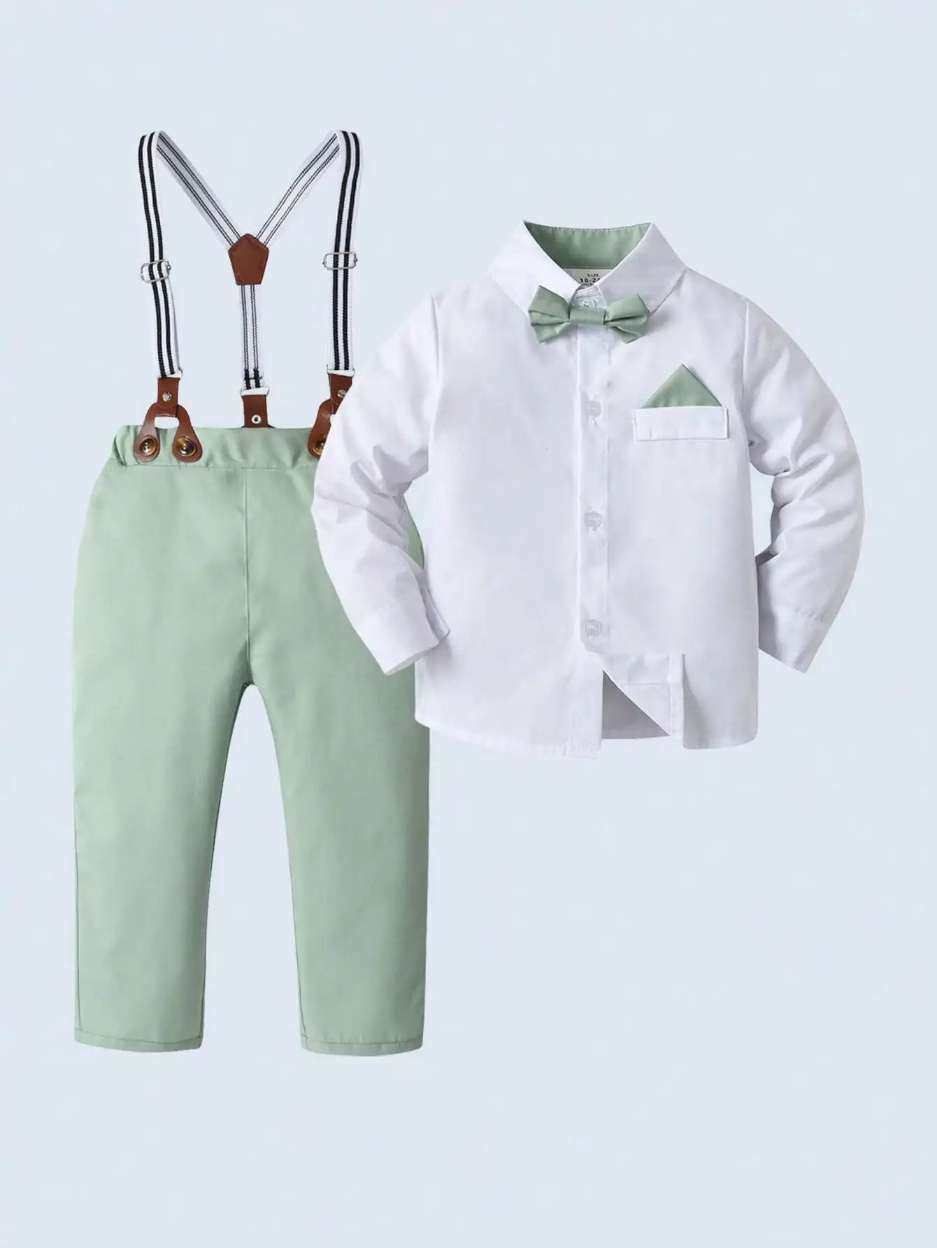 2-Piece Formal Outfit for Boys: White Long Sleeve Shirt with Mint Bowtie & Suspender Pants