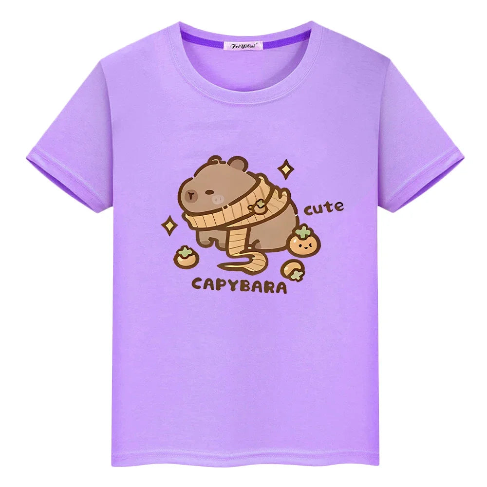 Capybara print t shirt for kids boy 10year Short y2k one piece 100%Cotton Cute Tees Kawaii Tops pride t shirt girl clothes