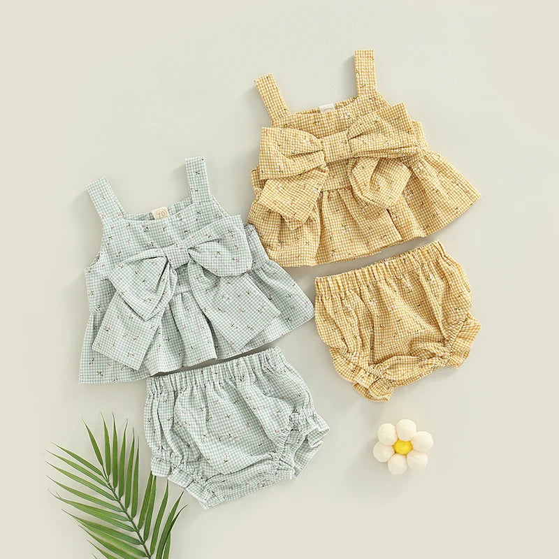 Summer Infant Baby Girl Outfits Suit Plaid Pattern Floral Printed Bowknot Suspender Tops Shorts Clothes Set