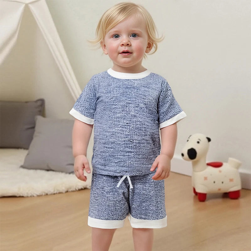 Toddler Boy Girl Shorts Set Short Sleeve T-shirts Elastic Waist Shorts Waffle Outfit Casual Summer Clothes