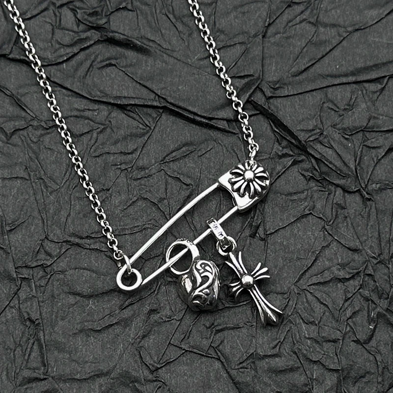 Sterling Silver, Retro and Old Peach Heart Cross Pin Necklace, American Men's and Women's Personalities