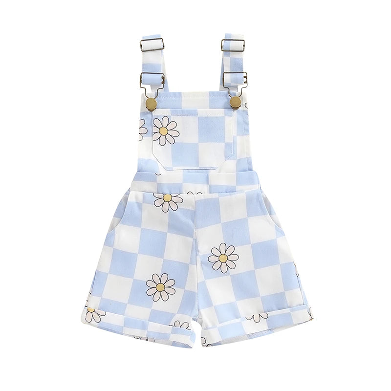Toddler Baby Girl Overalls Short Checkerboard Floral Print Summer Sleeveless Romper Jumpsuit Girls Clothes