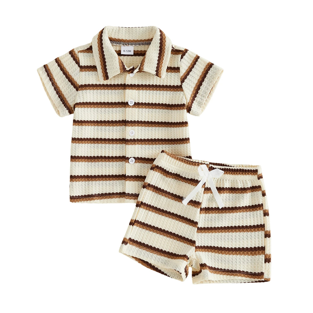 2Pcs Baby Boy Casual Wear Short Sleeve Lapel Neck Striped Print Waffle Knit Tops and Elastic Waist Shorts Set for Summer