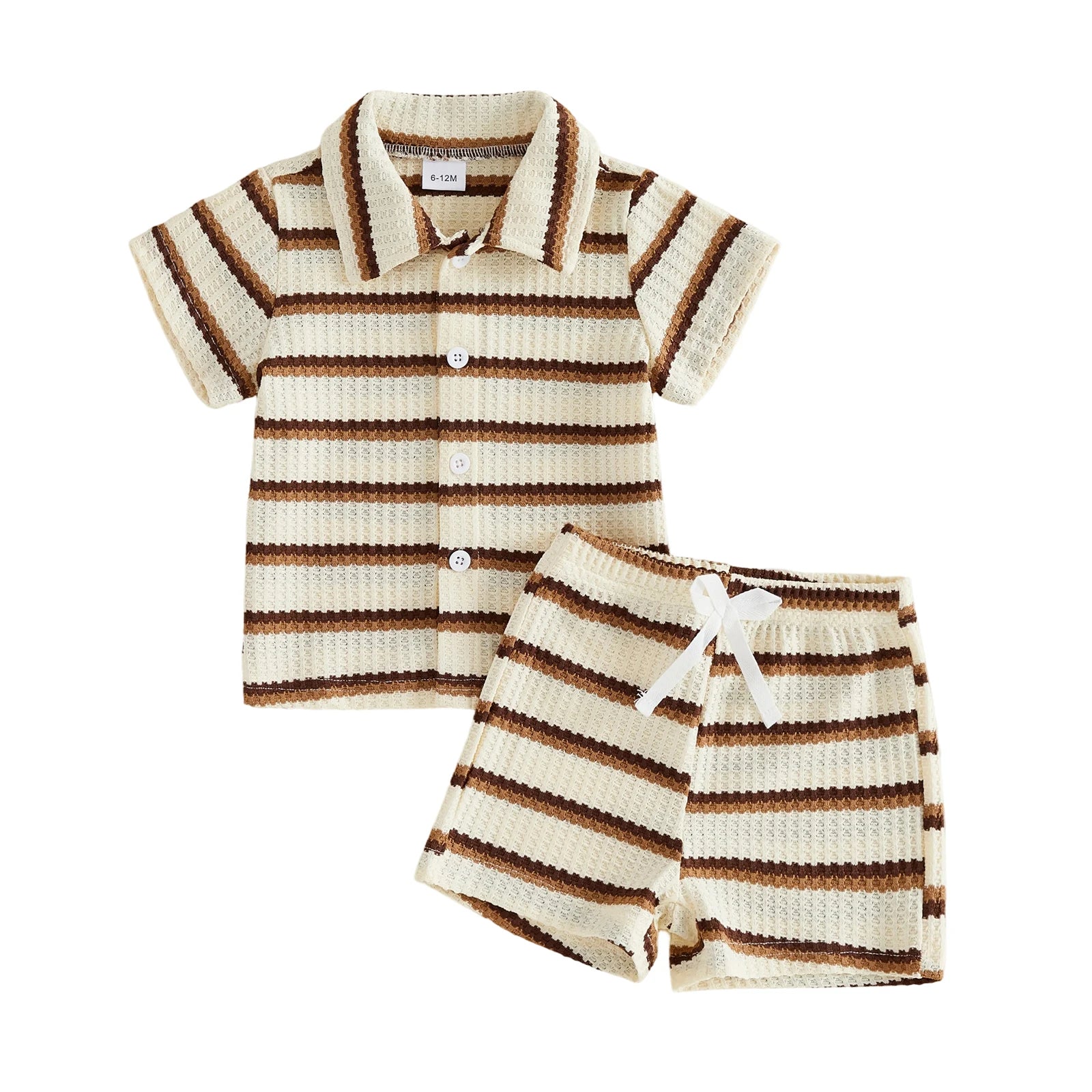 2Pcs Baby Boy Casual Wear Short Sleeve Lapel Neck Striped Print Waffle Knit Tops and Elastic Waist Shorts Set for Summer