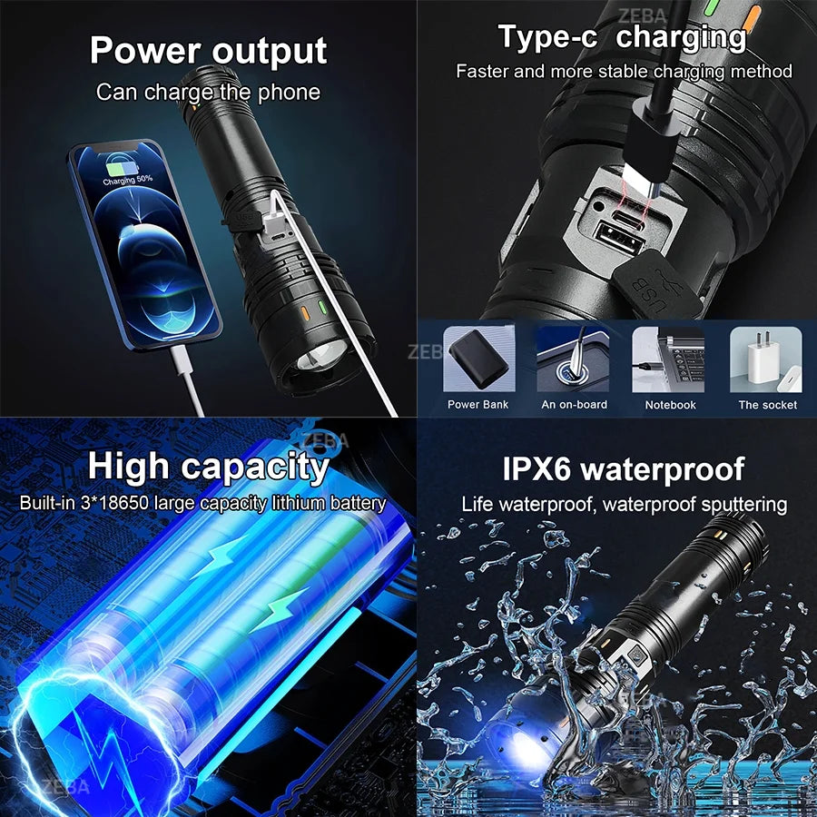 680000LM High Power LED Flashlight Most Powerful Tactical Torch 15000mah Rechargeable Flashlight Outdoor Portable Handheld Lamp