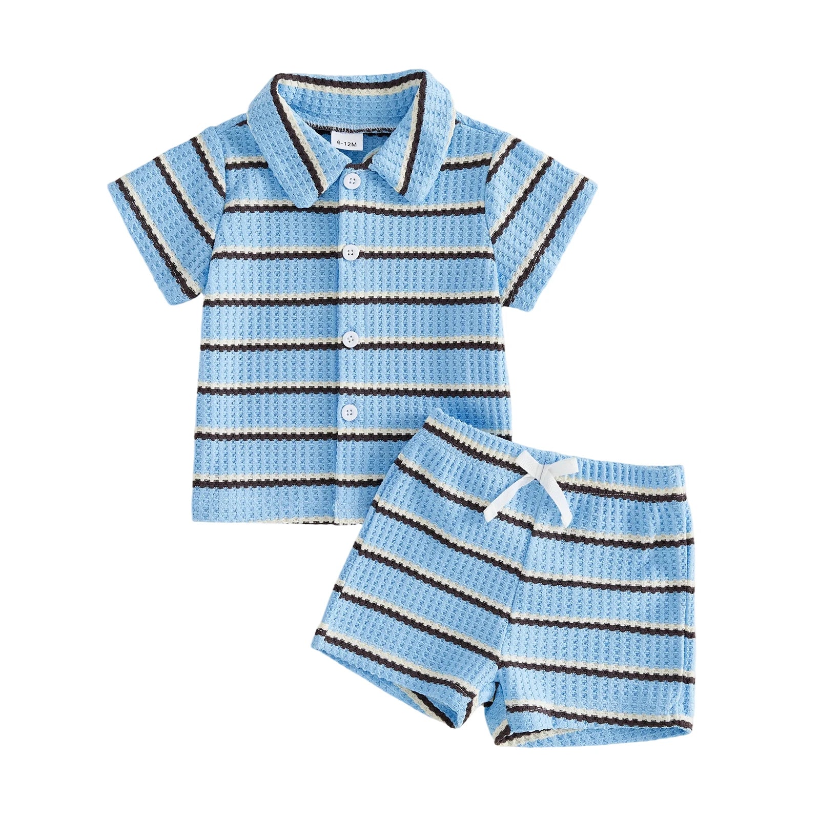 2Pcs Baby Boy Casual Wear Short Sleeve Lapel Neck Striped Print Waffle Knit Tops and Elastic Waist Shorts Set for Summer