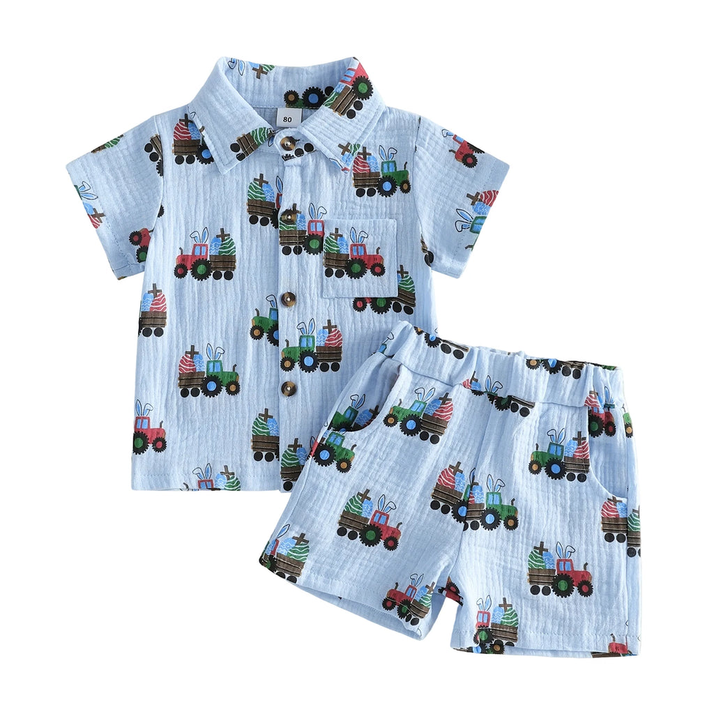 Easter Bunny Print Toddler Boys Outfit Set with Rabbit Ears Eggs Truck Design Short Sleeve Shirt and Elastic Waist Shorts