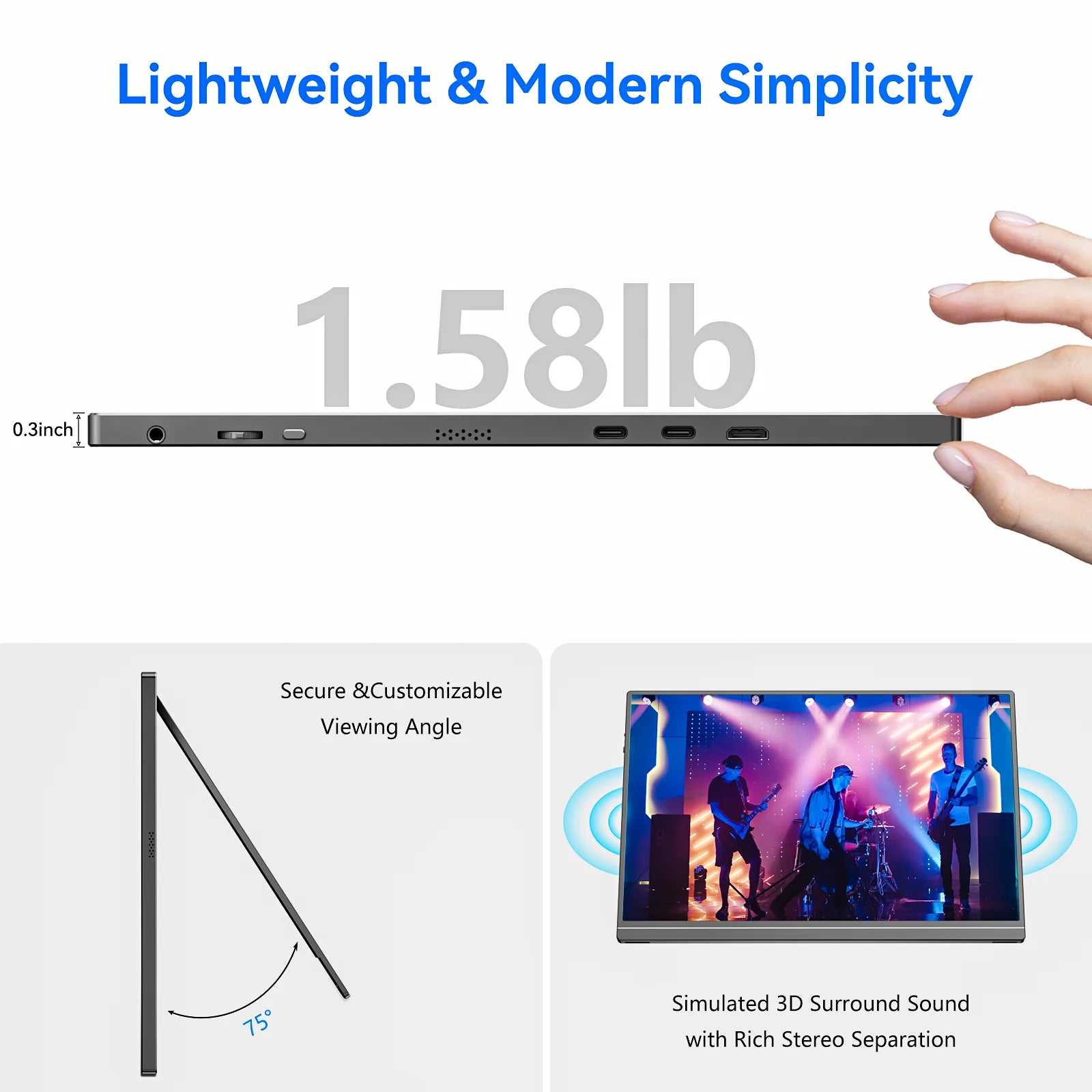 16“portable monitor 1920*1200P IPS,USB-C/HDMI, Free Syn 0.3" Ultra-Slim,Kickstand,4 Colors-Ideal for Gaming, Travel & Office