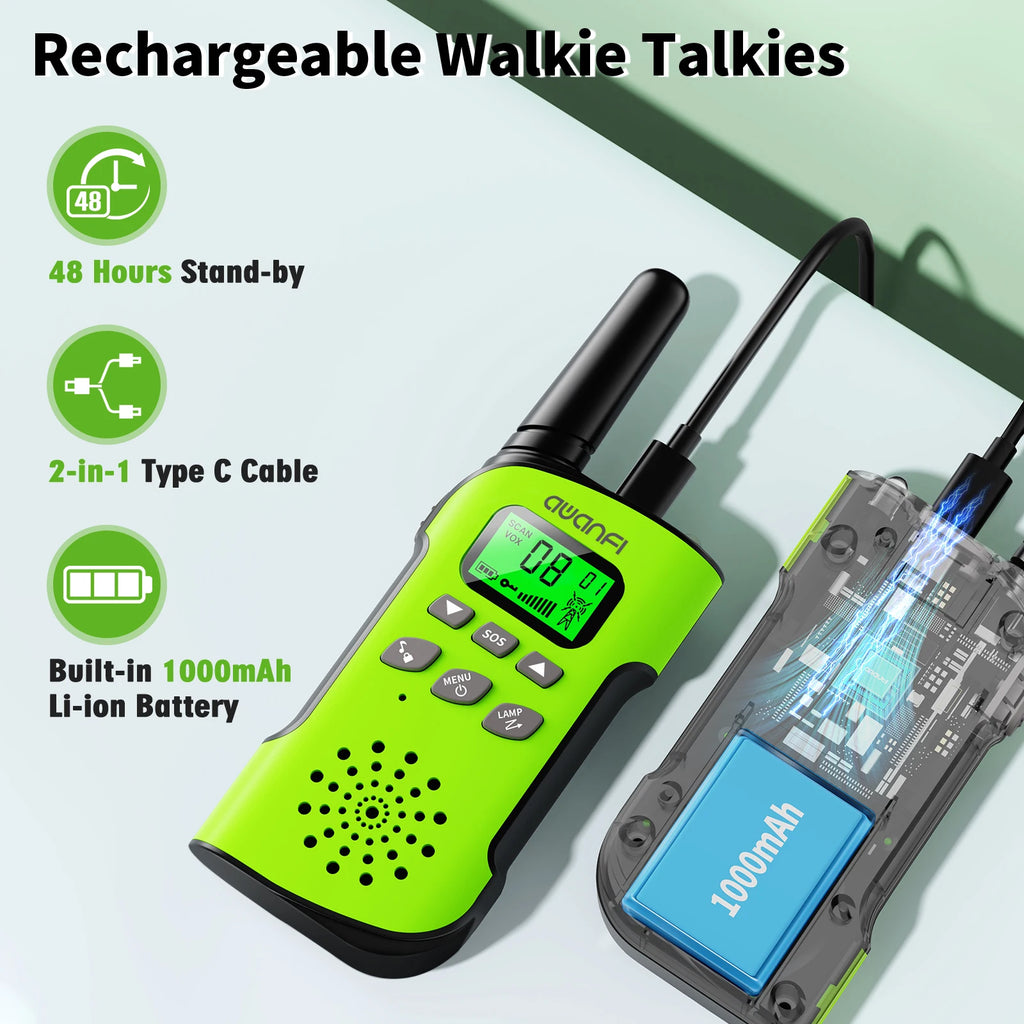 AWANFI Walkie Talkies 4 Packs , Long Range Flashlight 8 Channel, USB Type C for Camping, Hiking, Gifts