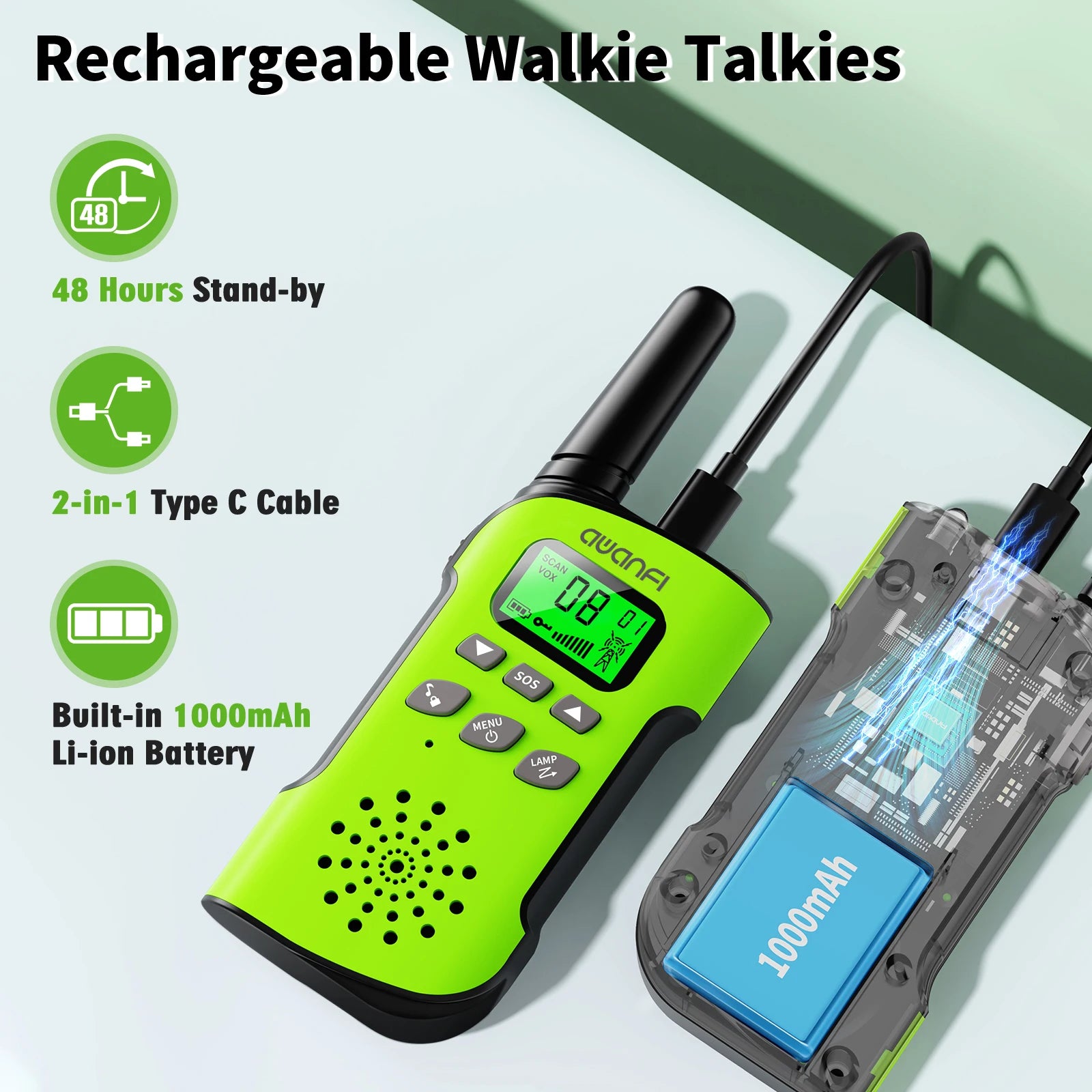 AWANFI Walkie Talkies 4 Packs , Long Range Flashlight 8 Channel, USB Type C for Camping, Hiking, Gifts