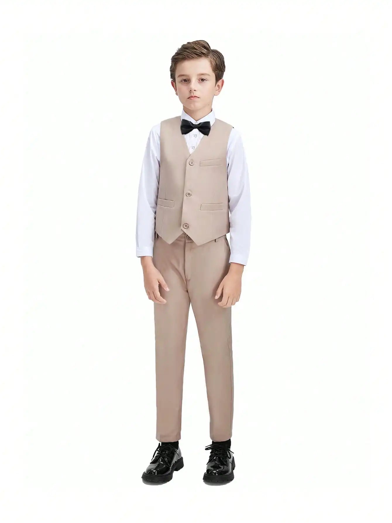 4-Piece Boys Formal Suit Set: White Shirt, Beige Vest & Pants, Black Bow Tie