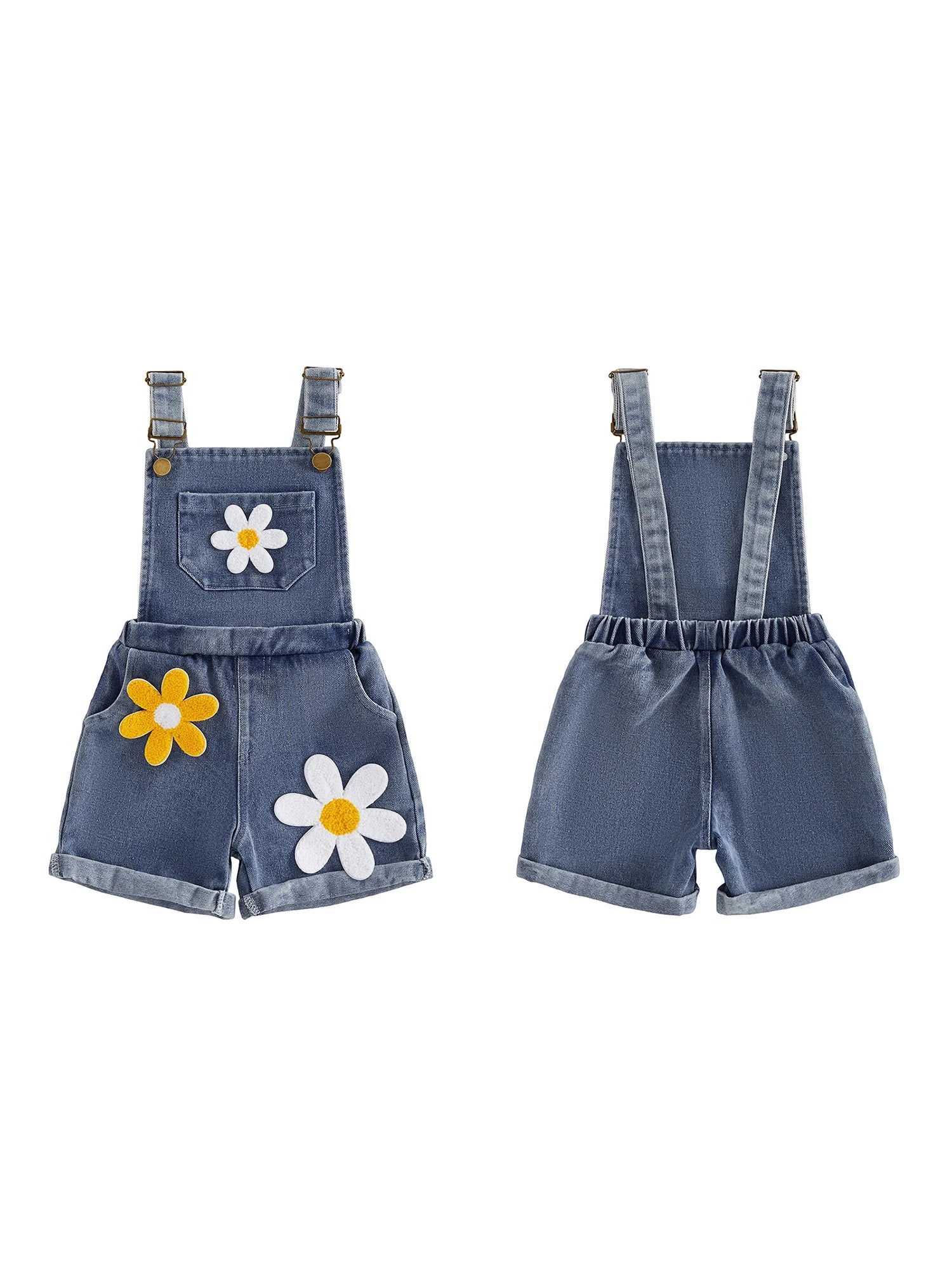 Adorable Infant Girl Floral Embroidered Sleeveless Denim Romper with 3D Flower Appliques for Summer Fun