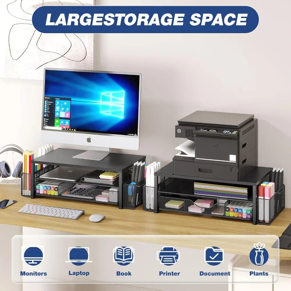 2-Tier Computer Monitor Stand Riser with Drawer and 2 Pen Holders, Laptop Stand, Office Desk Accessories, Black