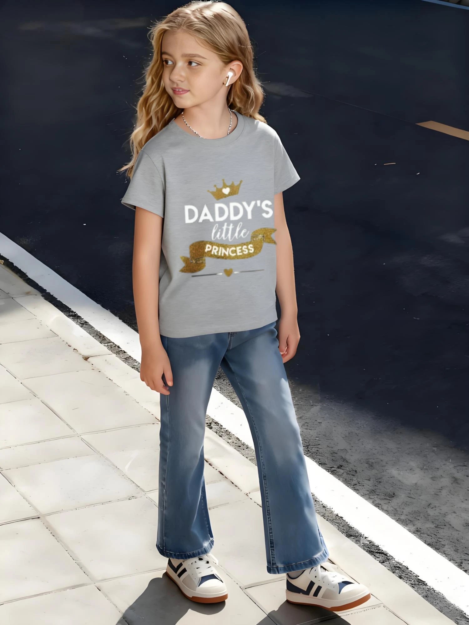 Kids Children's Cotton T-Shirt DADDY'S LITTLE PRINCESS with Crown and Ribbon Design for Boys Girls Family Love Theme