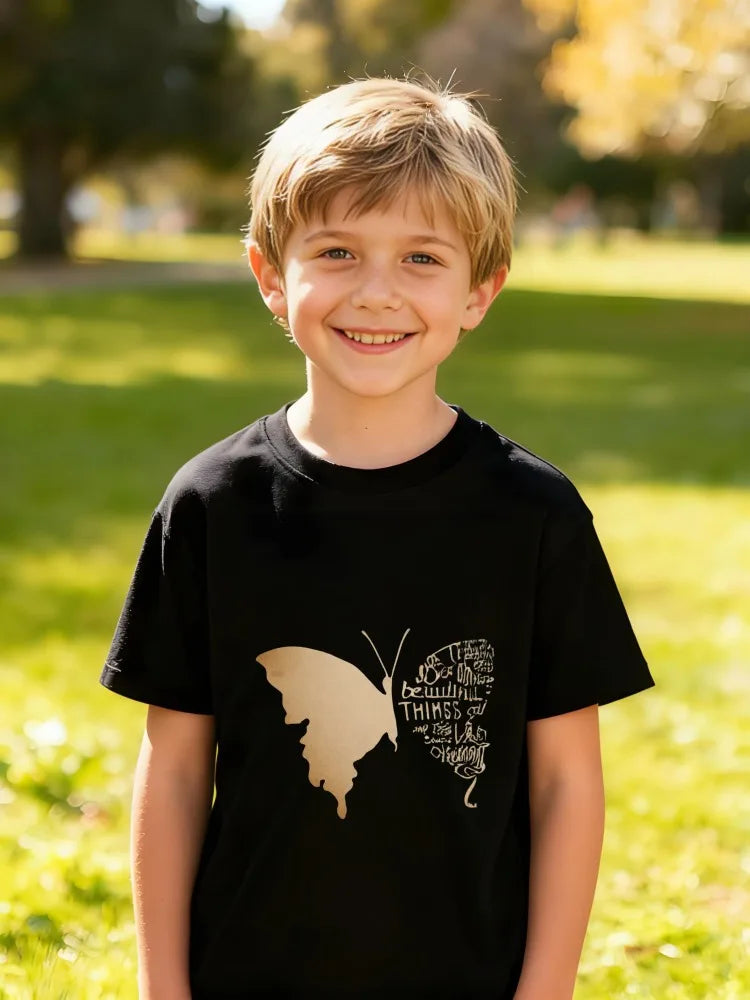 Kids Children's Cotton T-Shirt Butterfly with Inspirational Words Wing Design for Boys Girls Elegant Nature Theme Outfit