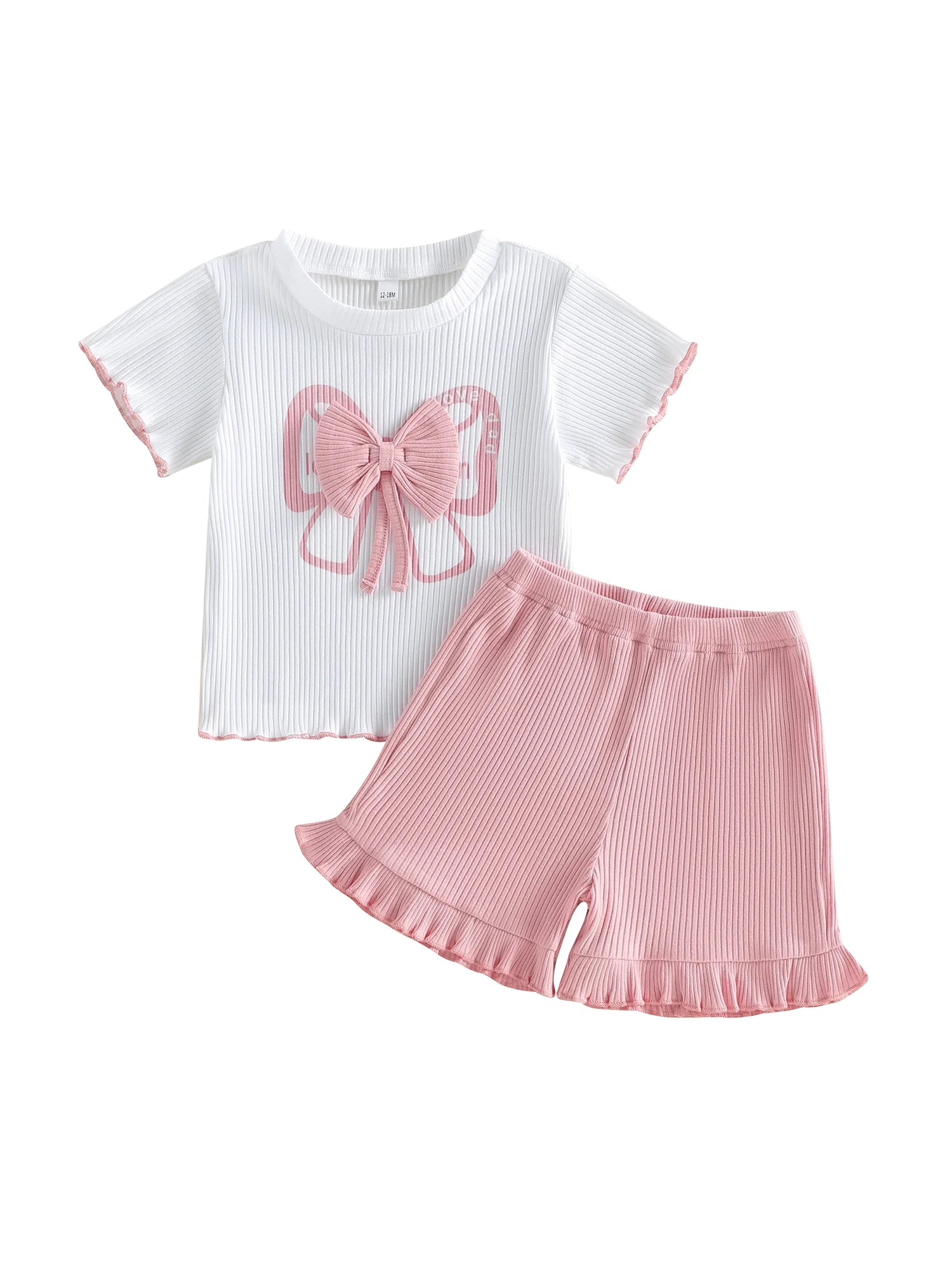 Stylish Girls 2 Piece Set with Adorable Bow Detailing Short Sleeve Top and Matching Shorts in Round Neck Design
