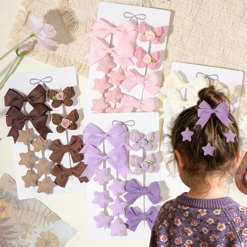 12pcs/set Girl Bow Hair Clips Butterfly Hairpins Star Clip Cute Bowknot  Barrettes Texture Decoration Gift Baby Hair Accessories