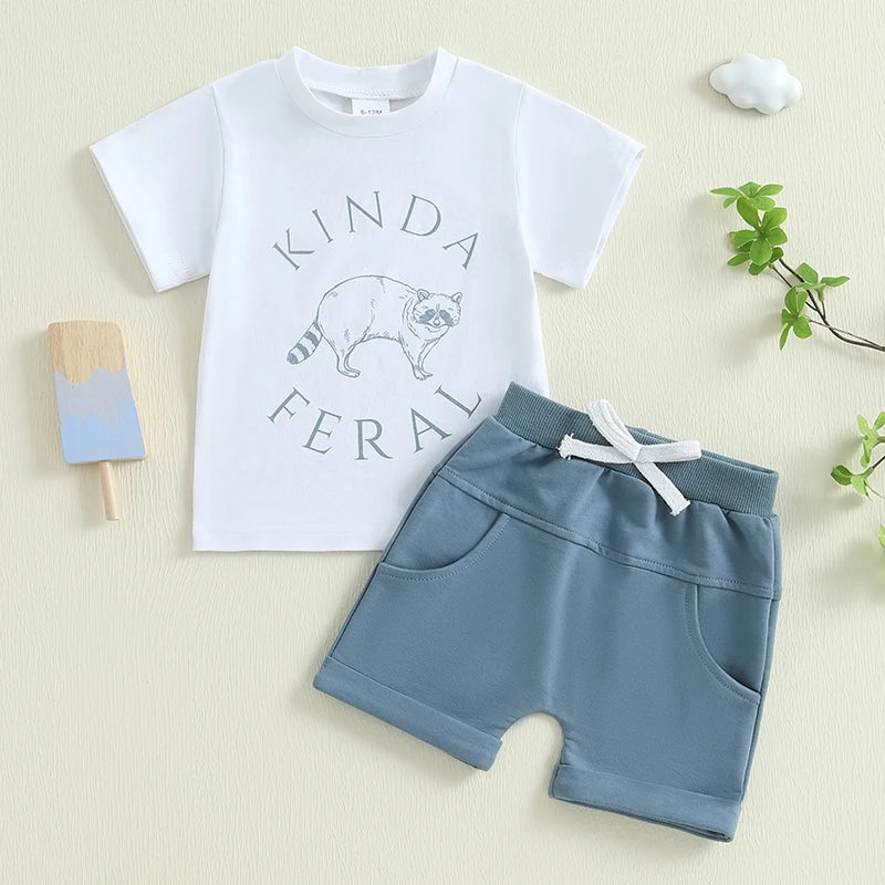 Toddler Baby Boy Shorts Set Bear/Raccoon Short Sleeve T-shirts Solid Elastic Waist Shorts Summer Outfit