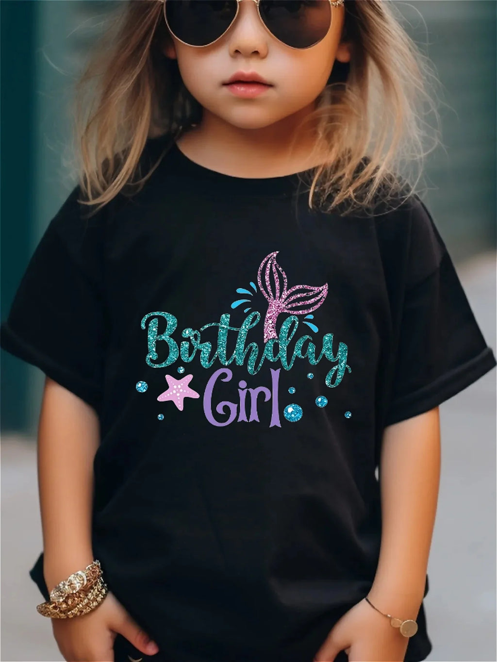 Girls' T-shirt birthday girl letter print star and fish tail pattern print loose and fashionable round neck short sleeved top