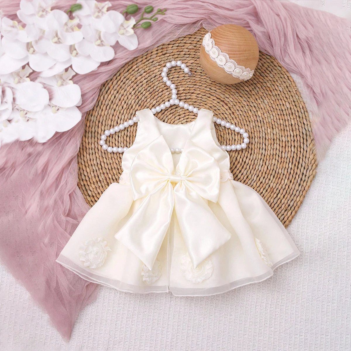 2Pcs Set White Newborn Girl Dress For Photo Shooting Big Bowknot Baby Photography Dress With Pearl Headband