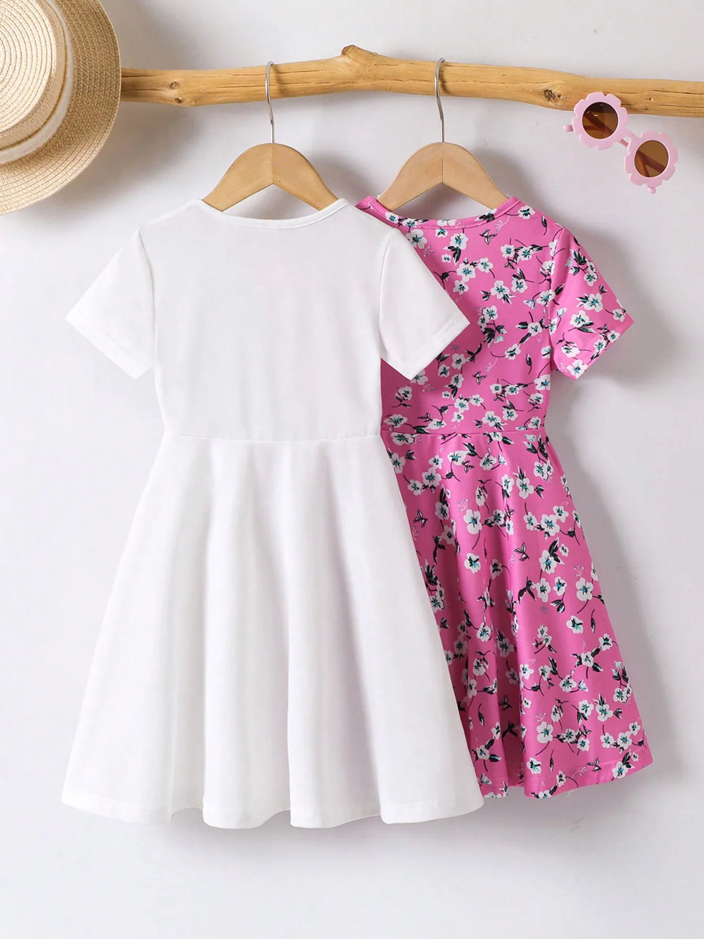 2-Pack Girls Short Sleeve A-Line Dresses with Rainbow & Heart Prints for Summer Casual Wear