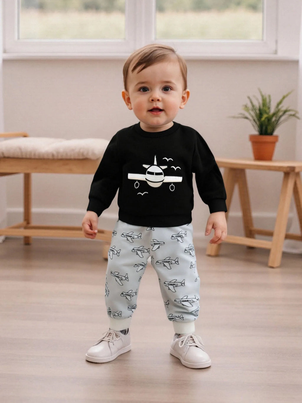 Baby Boy Autumn Clothes Airplane Embroidery Sweater Printed Elastic Waist Pants 2 Piece Outfit Set for Toddlers