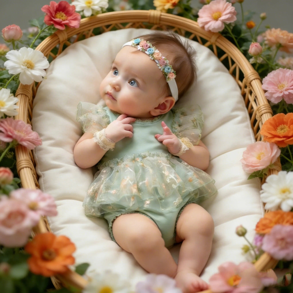 Infant Baby Girl Lace Romper NewbornTulle Dress Flowers Bodysuit Summer Festival Clothes with Headband Photography Outfit-HD
