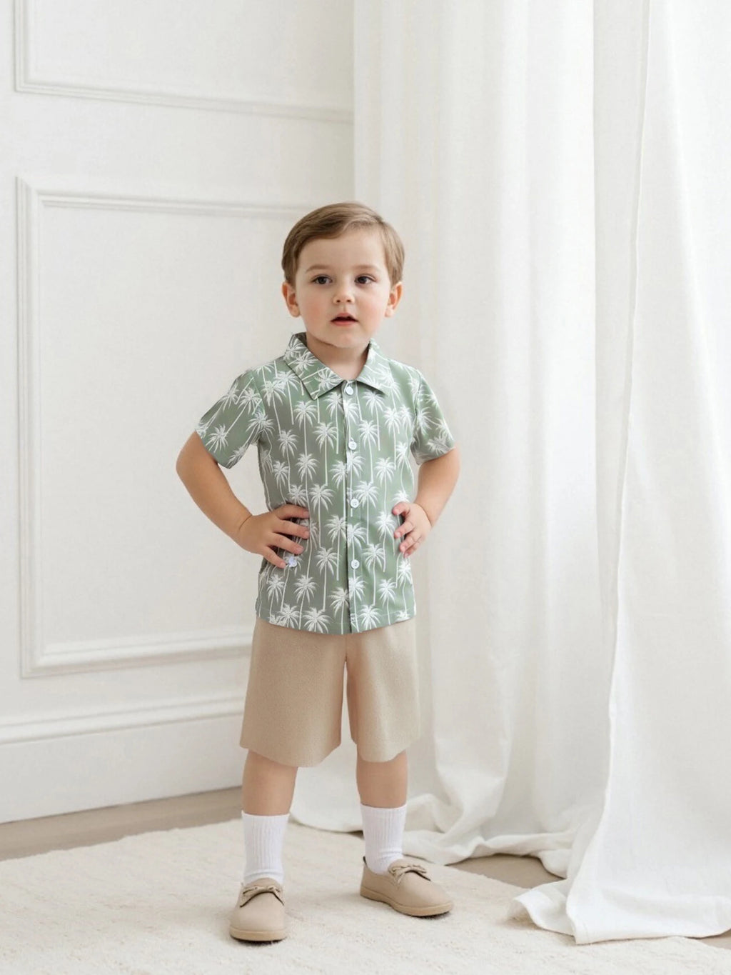 Boys Summer Outfit Set with Short Sleeve Lapel Tree Print Button Tops and Solid Color Shorts for a Stylish Look