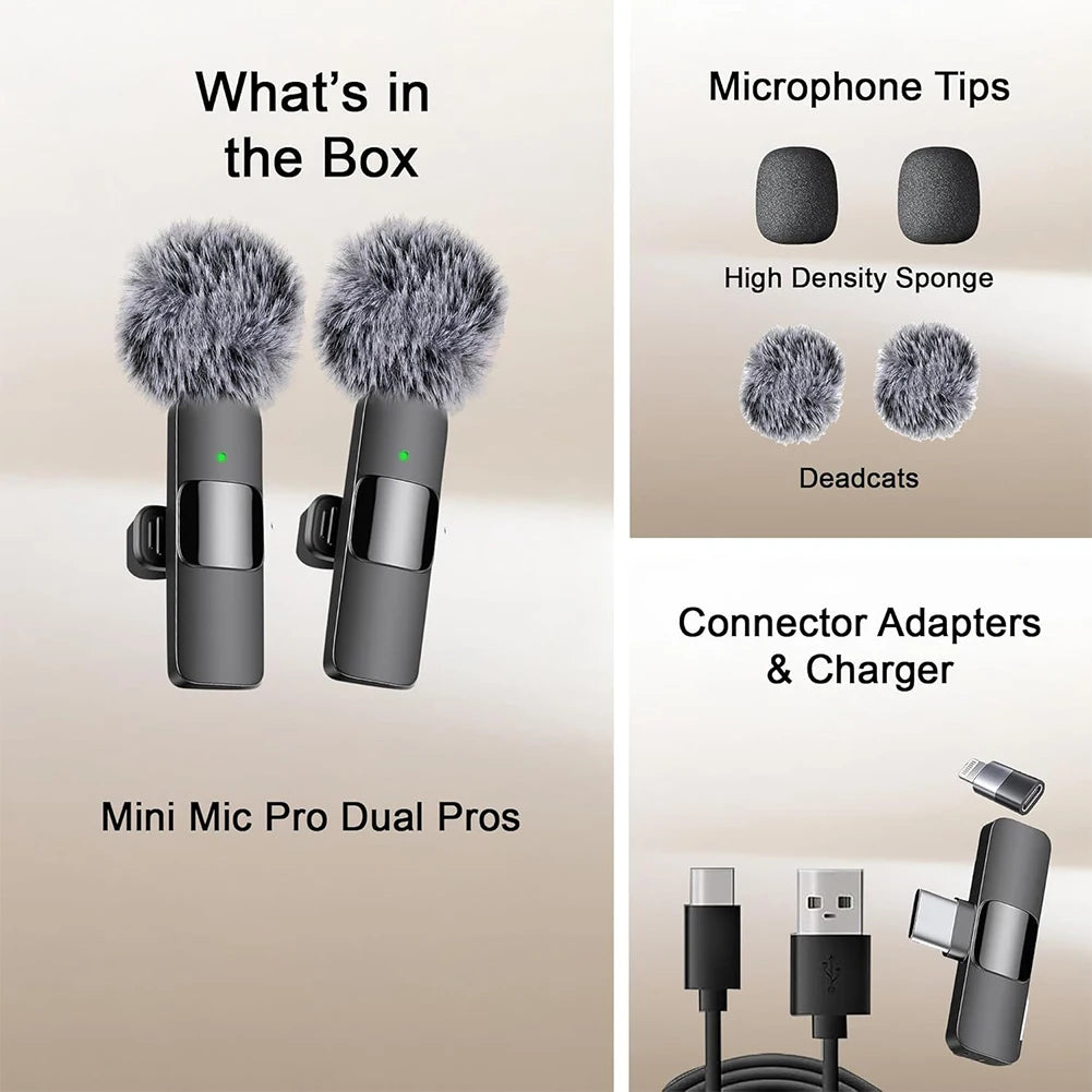 2 In 1 Wireless Lavalier Microphone Portable Audio Recording Mic for iPhone Android Live